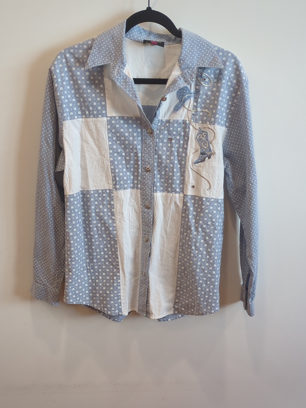 Y2K Vintage Western Cottage Wildfire Patchwork Floral Polka Dot Blue White Top